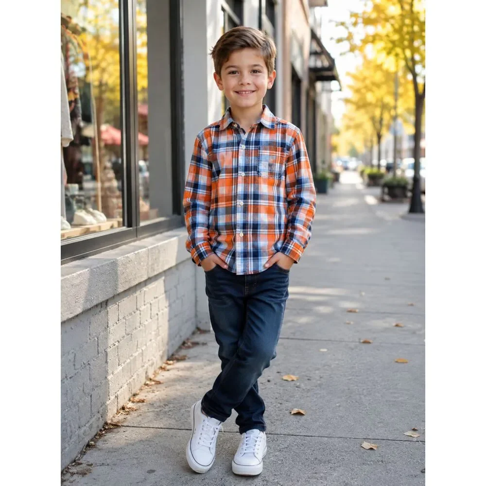 Orange Boys Plaid Button Down Shirt 7 Church School Occasion Classic Preppy
